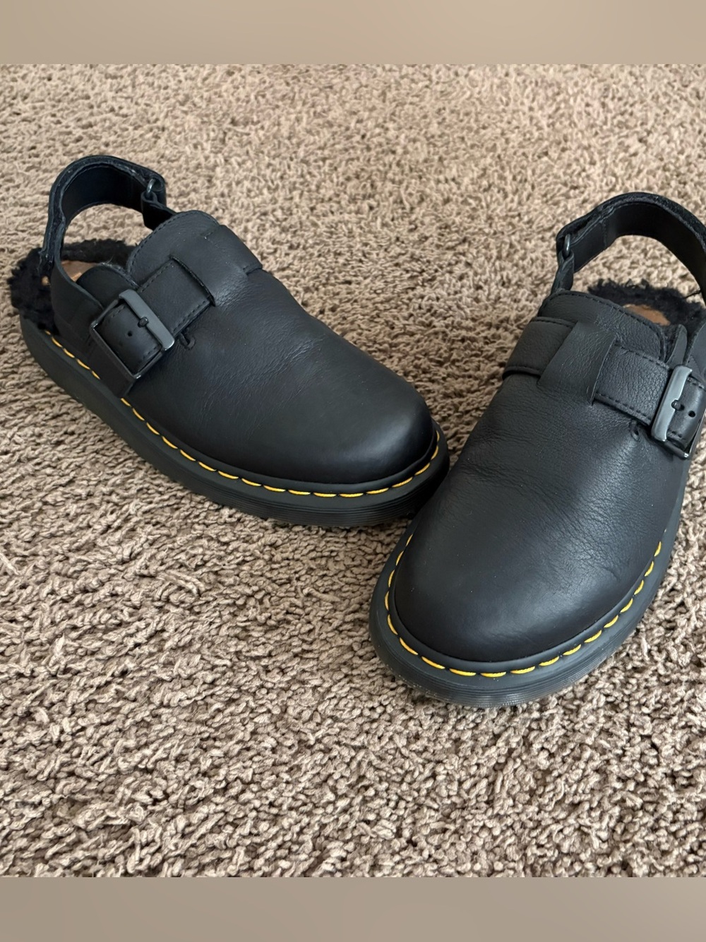 Women’s Dr. Martens Black Leather Buckle Clog with Yellow Stitching